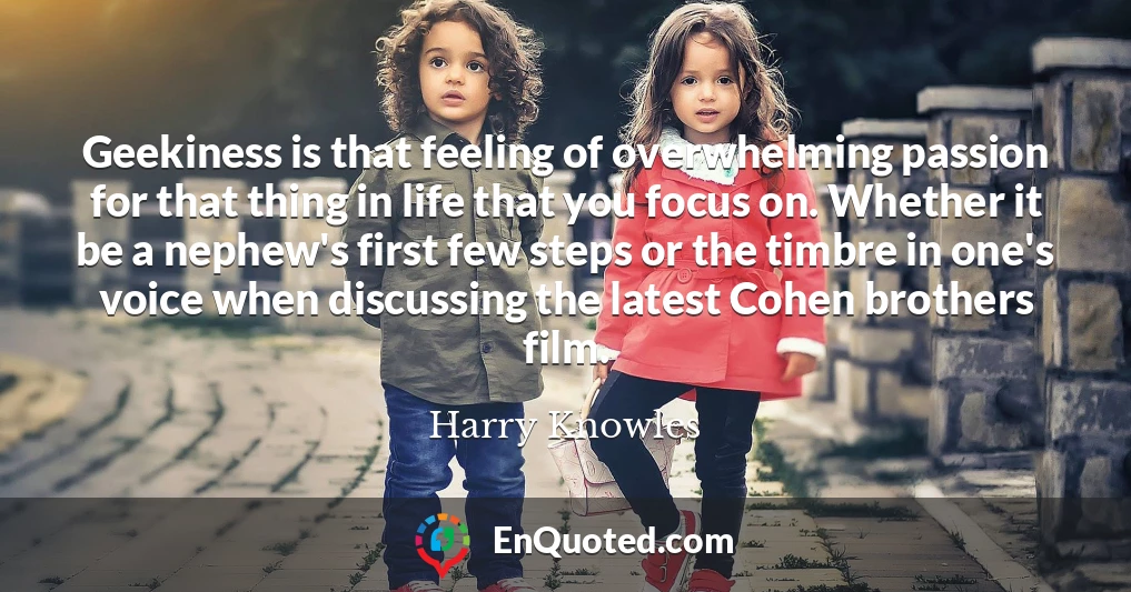 Geekiness is that feeling of overwhelming passion for that thing in life that you focus on. Whether it be a nephew's first few steps or the timbre in one's voice when discussing the latest Cohen brothers film.