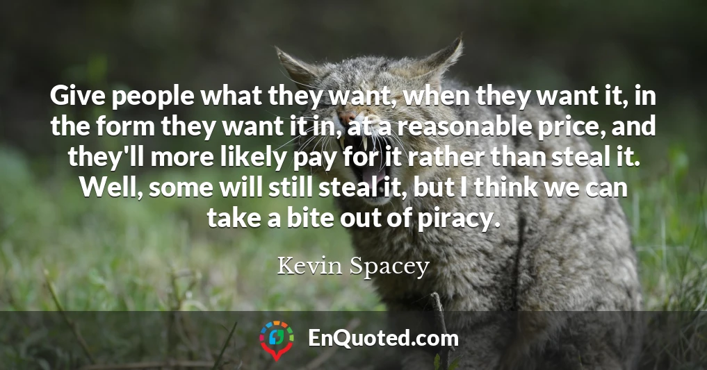 Give people what they want, when they want it, in the form they want it in, at a reasonable price, and they'll more likely pay for it rather than steal it. Well, some will still steal it, but I think we can take a bite out of piracy.