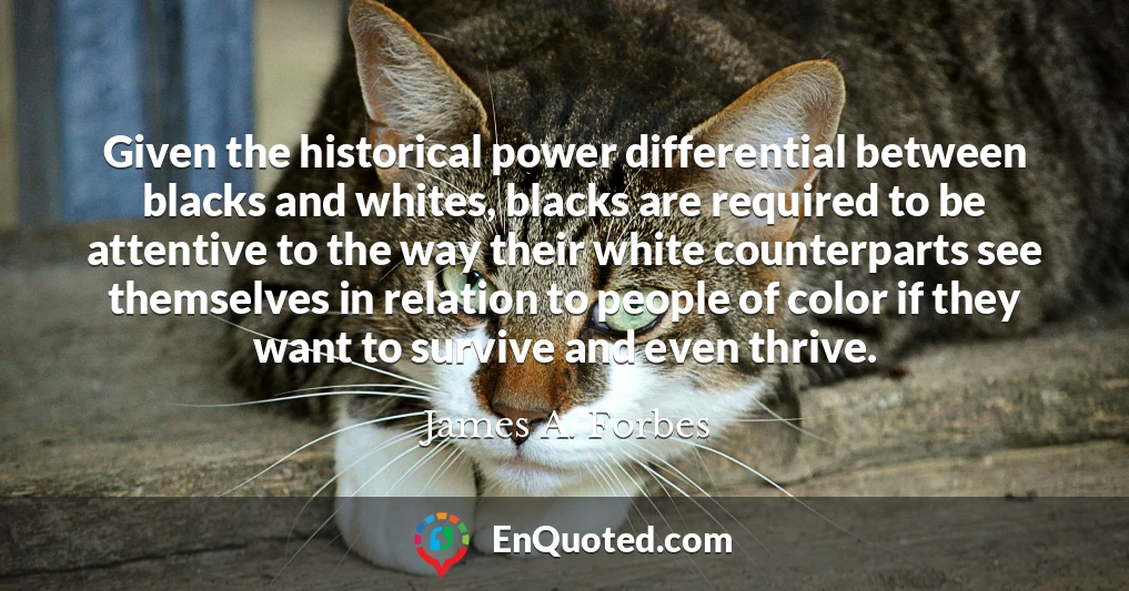 Given the historical power differential between blacks and whites, blacks are required to be attentive to the way their white counterparts see themselves in relation to people of color if they want to survive and even thrive.