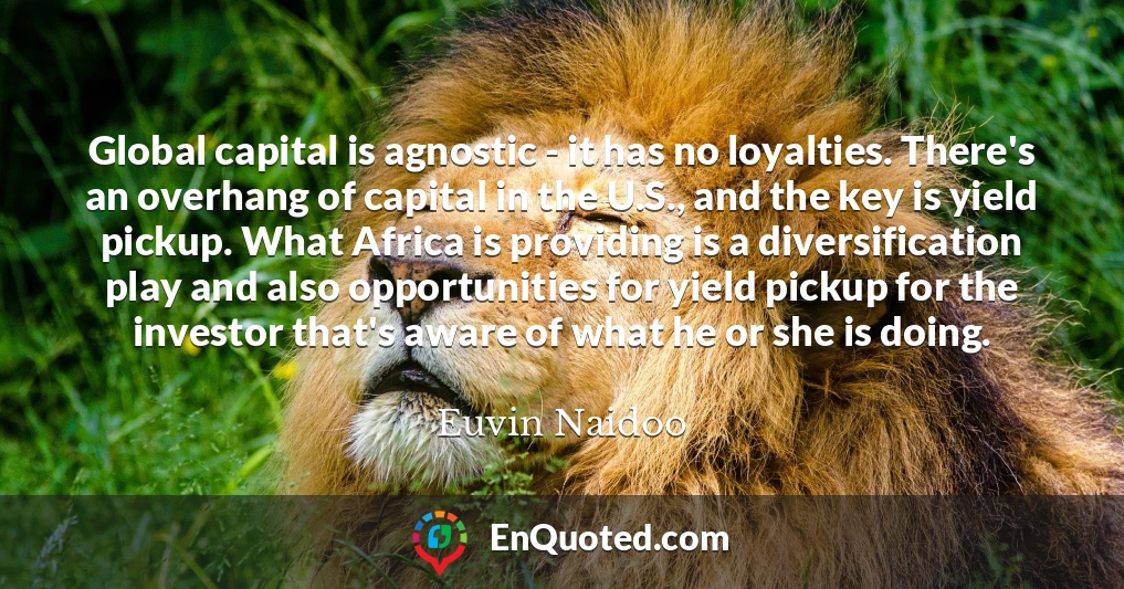 Global capital is agnostic - it has no loyalties. There's an overhang of capital in the U.S., and the key is yield pickup. What Africa is providing is a diversification play and also opportunities for yield pickup for the investor that's aware of what he or she is doing.
