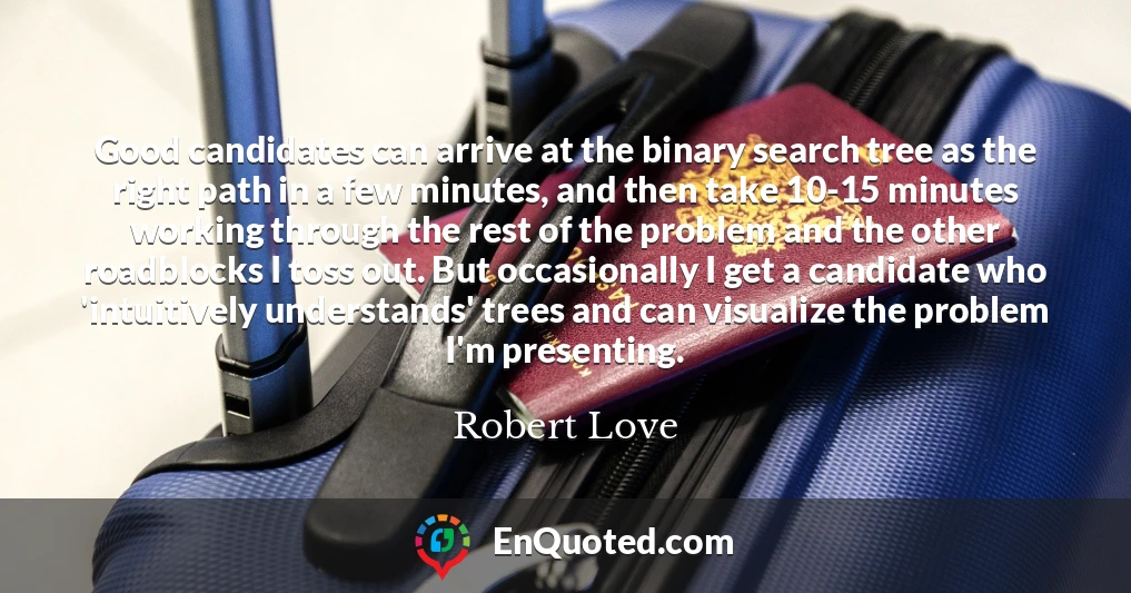 Good candidates can arrive at the binary search tree as the right path in a few minutes, and then take 10-15 minutes working through the rest of the problem and the other roadblocks I toss out. But occasionally I get a candidate who 'intuitively understands' trees and can visualize the problem I'm presenting.