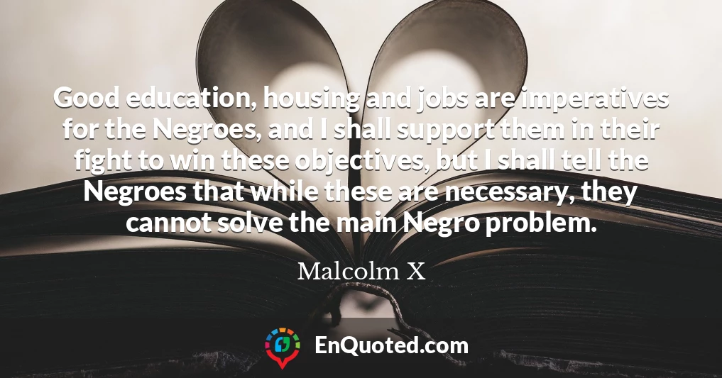 Good education, housing and jobs are imperatives for the Negroes, and I shall support them in their fight to win these objectives, but I shall tell the Negroes that while these are necessary, they cannot solve the main Negro problem.