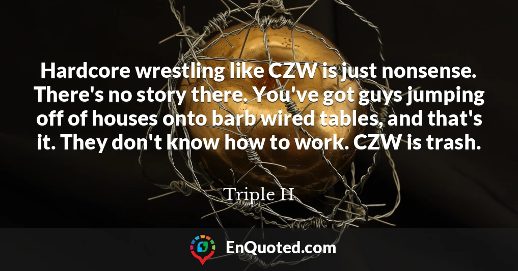 Hardcore wrestling like CZW is just nonsense. There's no story there. You've got guys jumping off of houses onto barb wired tables, and that's it. They don't know how to work. CZW is trash.