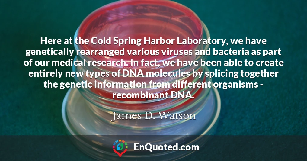Here at the Cold Spring Harbor Laboratory, we have genetically rearranged various viruses and bacteria as part of our medical research. In fact, we have been able to create entirely new types of DNA molecules by splicing together the genetic information from different organisms - recombinant DNA.