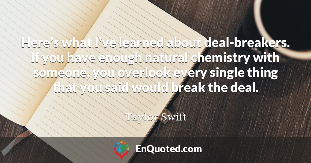 Here's what I've learned about deal-breakers. If you have enough natural chemistry with someone, you overlook every single thing that you said would break the deal.