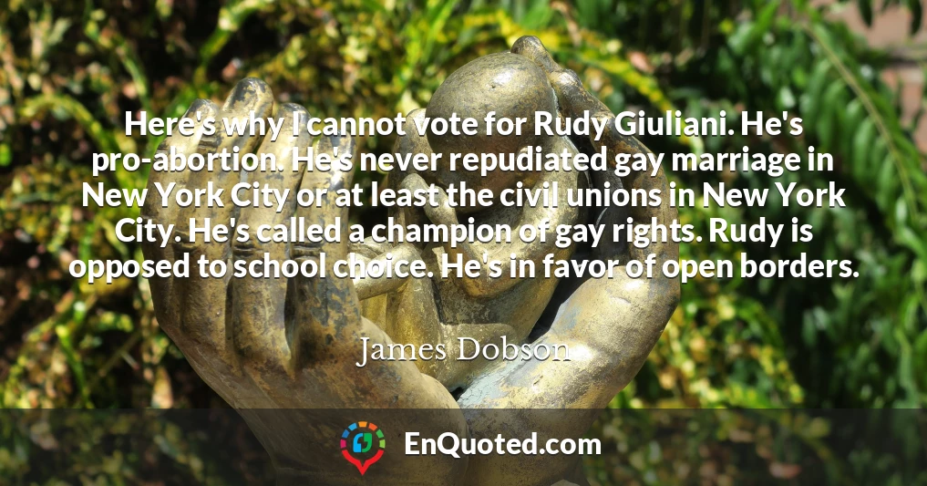 Here's why I cannot vote for Rudy Giuliani. He's pro-abortion. He's never repudiated gay marriage in New York City or at least the civil unions in New York City. He's called a champion of gay rights. Rudy is opposed to school choice. He's in favor of open borders.
