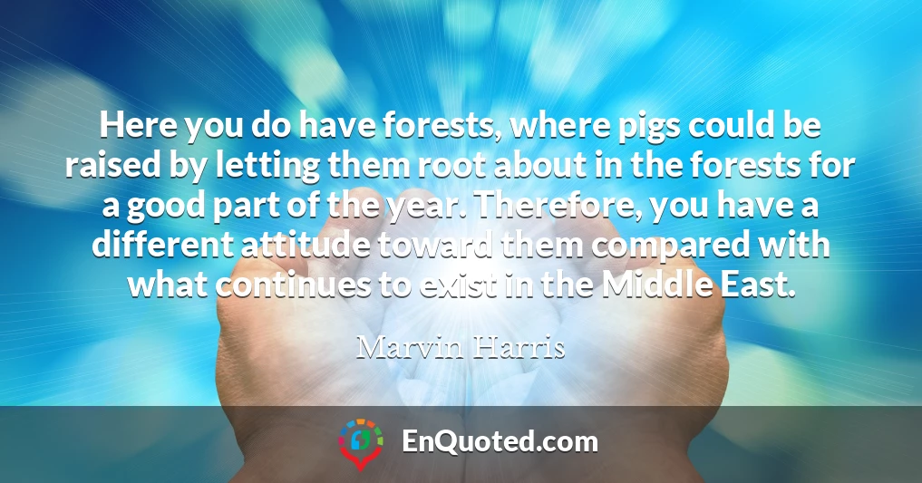Here you do have forests, where pigs could be raised by letting them root about in the forests for a good part of the year. Therefore, you have a different attitude toward them compared with what continues to exist in the Middle East.
