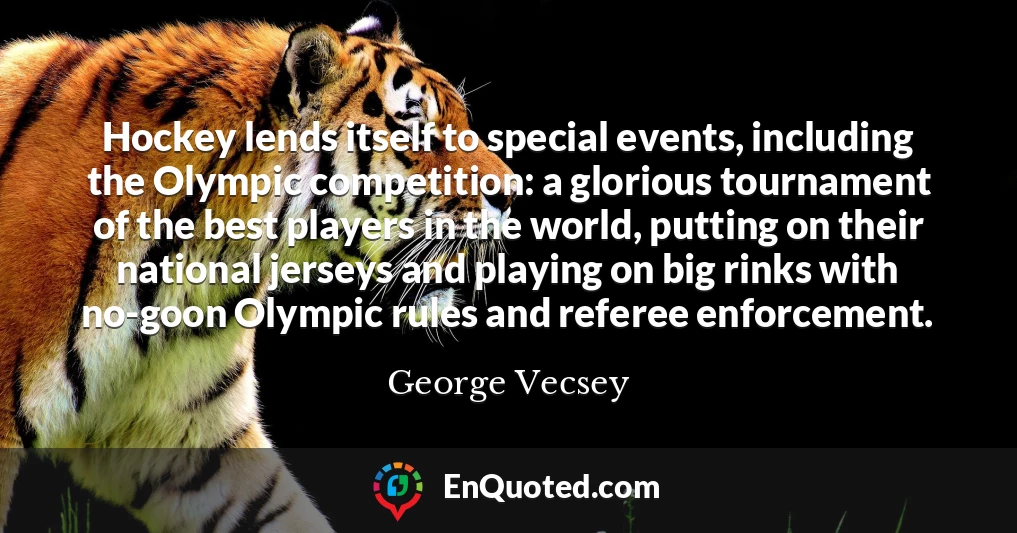 Hockey lends itself to special events, including the Olympic competition: a glorious tournament of the best players in the world, putting on their national jerseys and playing on big rinks with no-goon Olympic rules and referee enforcement.