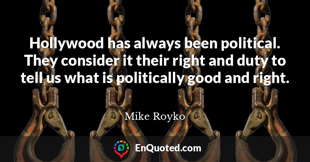 Hollywood has always been political. They consider it their right and duty to tell us what is politically good and right.