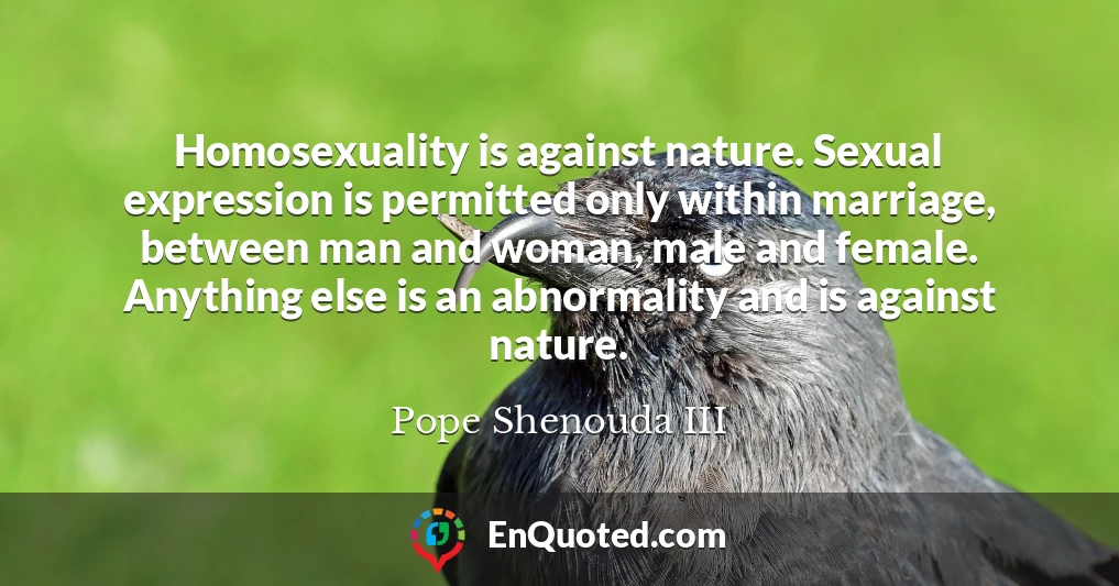 Homosexuality is against nature. Sexual expression is permitted only within marriage, between man and woman, male and female. Anything else is an abnormality and is against nature.