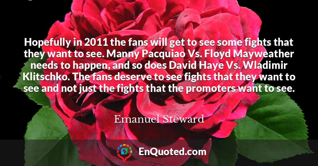 Hopefully in 2011 the fans will get to see some fights that they want to see. Manny Pacquiao Vs. Floyd Mayweather needs to happen, and so does David Haye Vs. Wladimir Klitschko. The fans deserve to see fights that they want to see and not just the fights that the promoters want to see.
