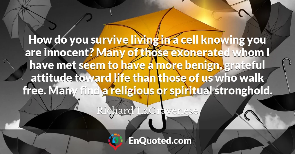 How do you survive living in a cell knowing you are innocent? Many of those exonerated whom I have met seem to have a more benign, grateful attitude toward life than those of us who walk free. Many find a religious or spiritual stronghold.