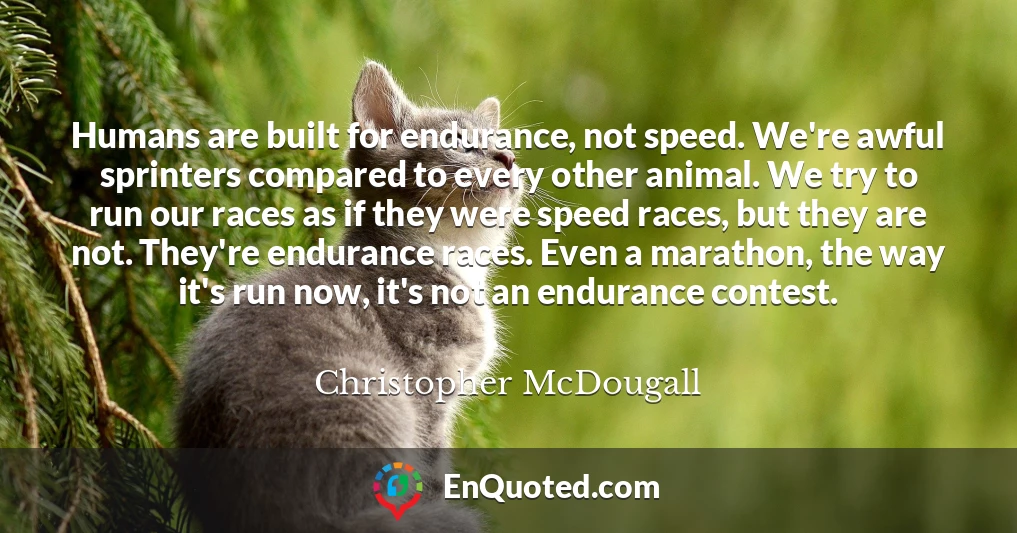 Humans are built for endurance, not speed. We're awful sprinters compared to every other animal. We try to run our races as if they were speed races, but they are not. They're endurance races. Even a marathon, the way it's run now, it's not an endurance contest.