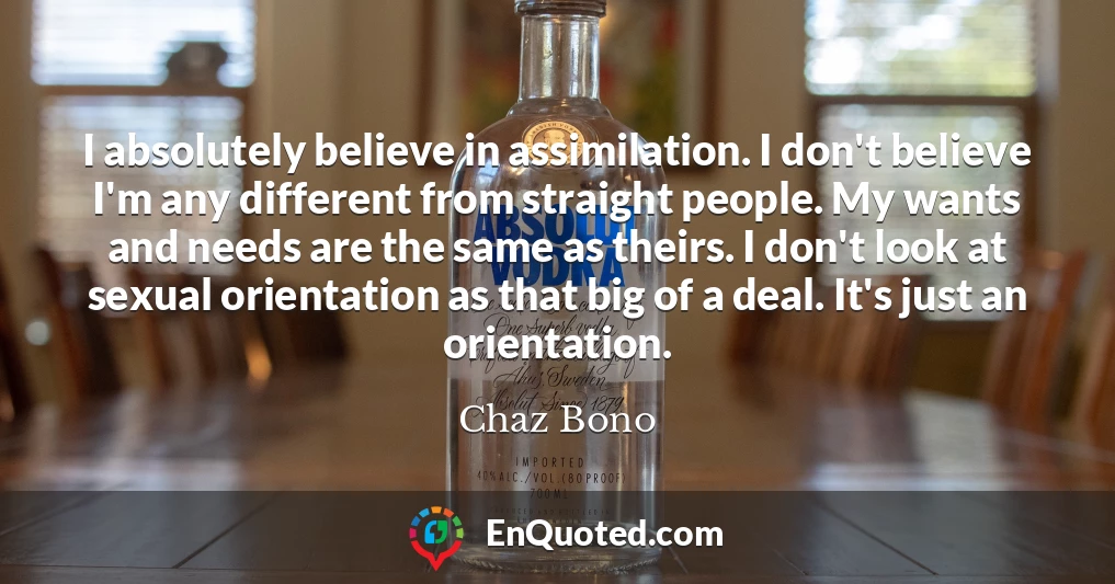 I absolutely believe in assimilation. I don't believe I'm any different from straight people. My wants and needs are the same as theirs. I don't look at sexual orientation as that big of a deal. It's just an orientation.