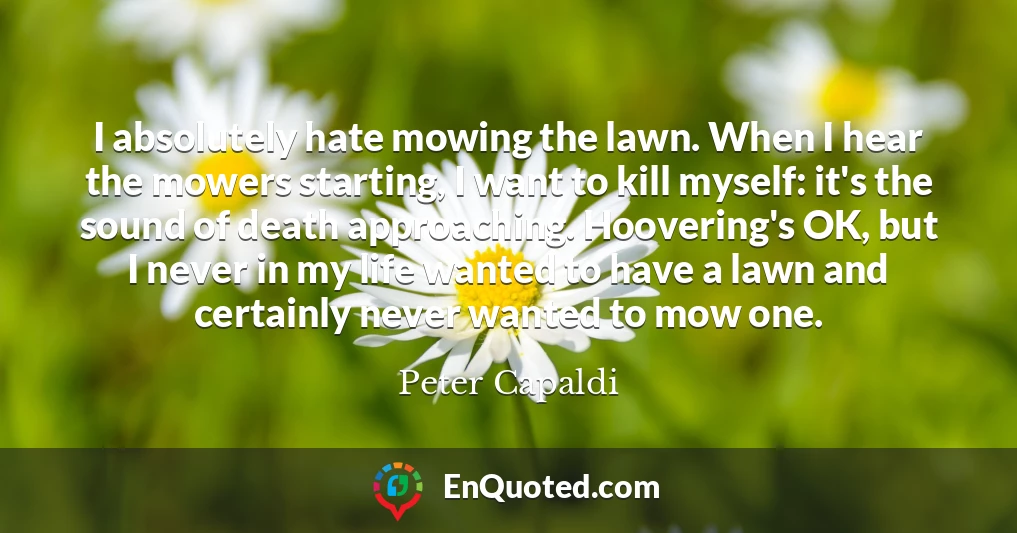 I absolutely hate mowing the lawn. When I hear the mowers starting, I want to kill myself: it's the sound of death approaching. Hoovering's OK, but I never in my life wanted to have a lawn and certainly never wanted to mow one.