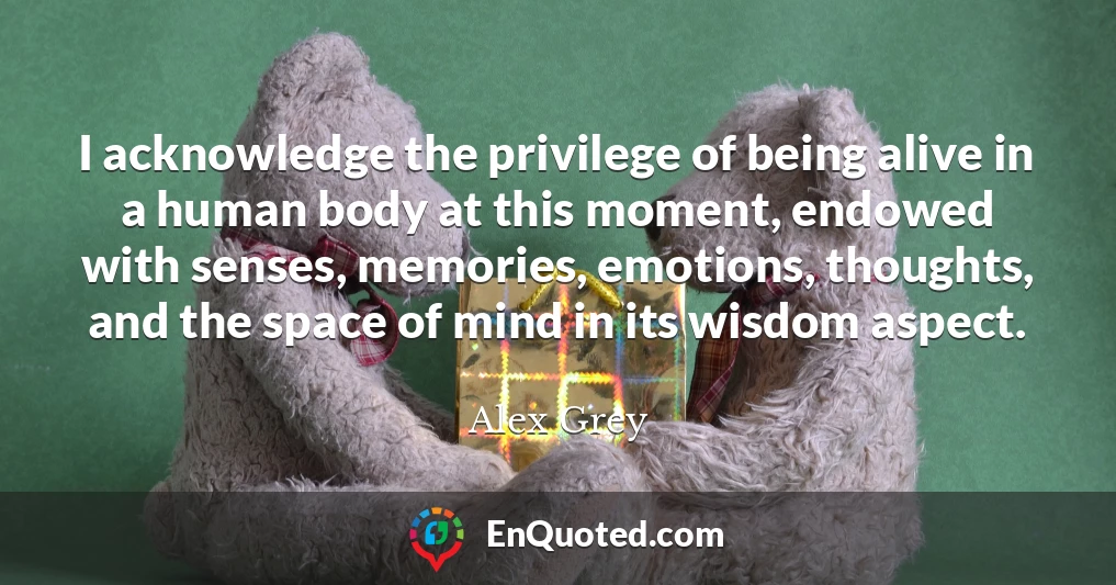 I acknowledge the privilege of being alive in a human body at this moment, endowed with senses, memories, emotions, thoughts, and the space of mind in its wisdom aspect.