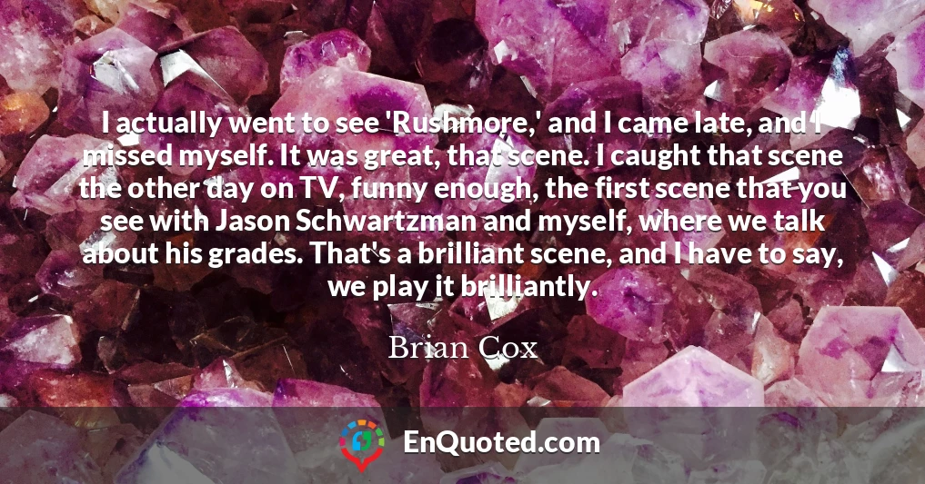 I actually went to see 'Rushmore,' and I came late, and I missed myself. It was great, that scene. I caught that scene the other day on TV, funny enough, the first scene that you see with Jason Schwartzman and myself, where we talk about his grades. That's a brilliant scene, and I have to say, we play it brilliantly.