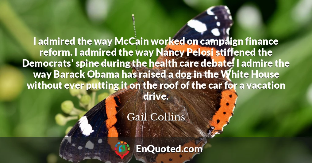 I admired the way McCain worked on campaign finance reform. I admired the way Nancy Pelosi stiffened the Democrats' spine during the health care debate. I admire the way Barack Obama has raised a dog in the White House without ever putting it on the roof of the car for a vacation drive.