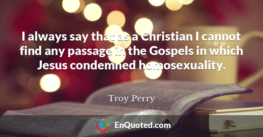 I always say that as a Christian I cannot find any passage in the Gospels in which Jesus condemned homosexuality.