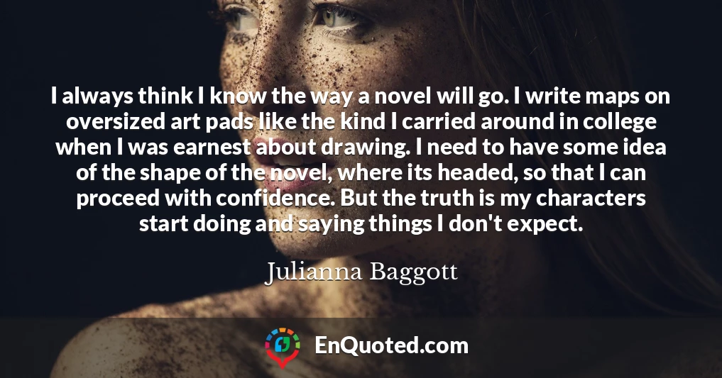 I always think I know the way a novel will go. I write maps on oversized art pads like the kind I carried around in college when I was earnest about drawing. I need to have some idea of the shape of the novel, where its headed, so that I can proceed with confidence. But the truth is my characters start doing and saying things I don't expect.