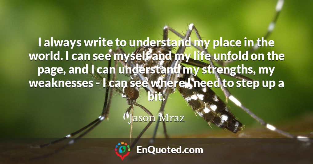 I always write to understand my place in the world. I can see myself and my life unfold on the page, and I can understand my strengths, my weaknesses - I can see where I need to step up a bit.