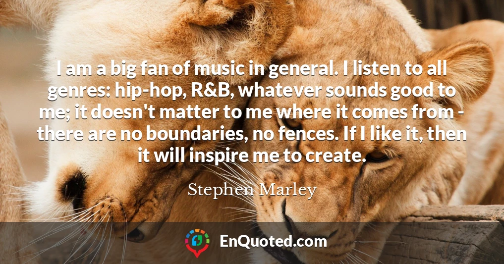 I am a big fan of music in general. I listen to all genres: hip-hop, R&B, whatever sounds good to me; it doesn't matter to me where it comes from - there are no boundaries, no fences. If I like it, then it will inspire me to create.