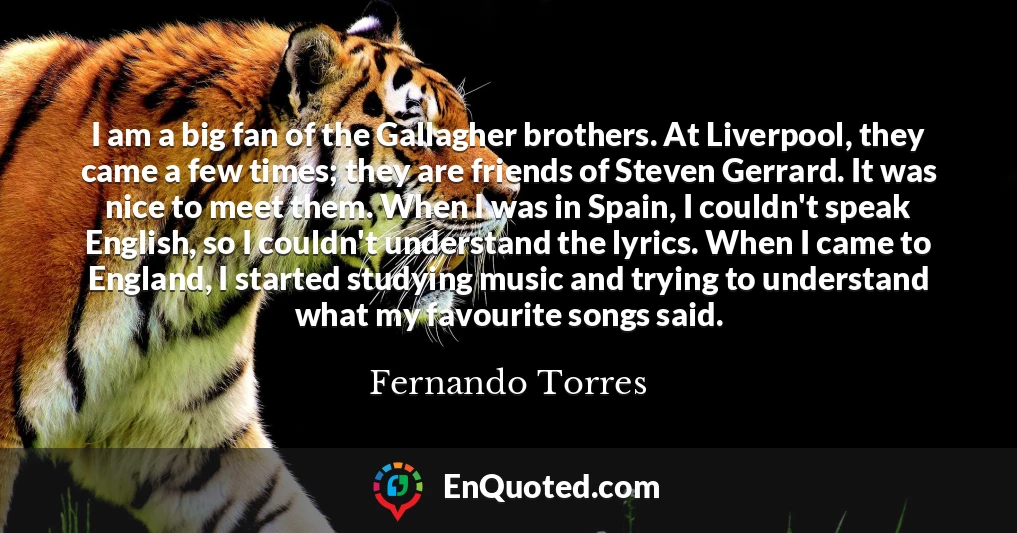 I am a big fan of the Gallagher brothers. At Liverpool, they came a few times; they are friends of Steven Gerrard. It was nice to meet them. When I was in Spain, I couldn't speak English, so I couldn't understand the lyrics. When I came to England, I started studying music and trying to understand what my favourite songs said.