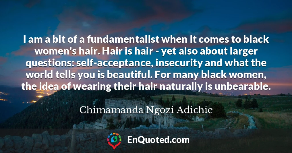 I am a bit of a fundamentalist when it comes to black women's hair. Hair is hair - yet also about larger questions: self-acceptance, insecurity and what the world tells you is beautiful. For many black women, the idea of wearing their hair naturally is unbearable.