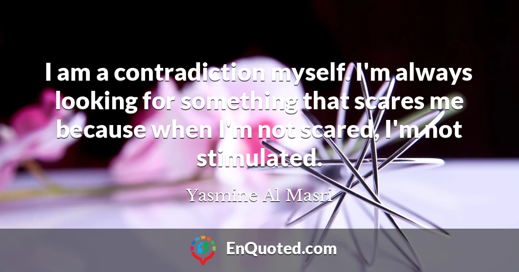I am a contradiction myself. I'm always looking for something that scares me because when I'm not scared, I'm not stimulated.