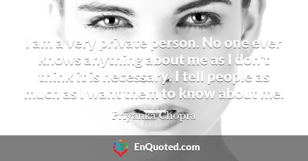 I am a very private person. No one ever knows anything about me as I don't think it is necessary. I tell people as much as I want them to know about me.