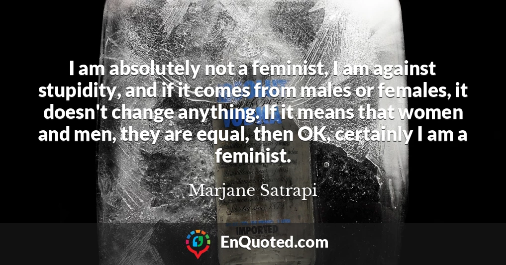 I am absolutely not a feminist, I am against stupidity, and if it comes from males or females, it doesn't change anything. If it means that women and men, they are equal, then OK, certainly I am a feminist.