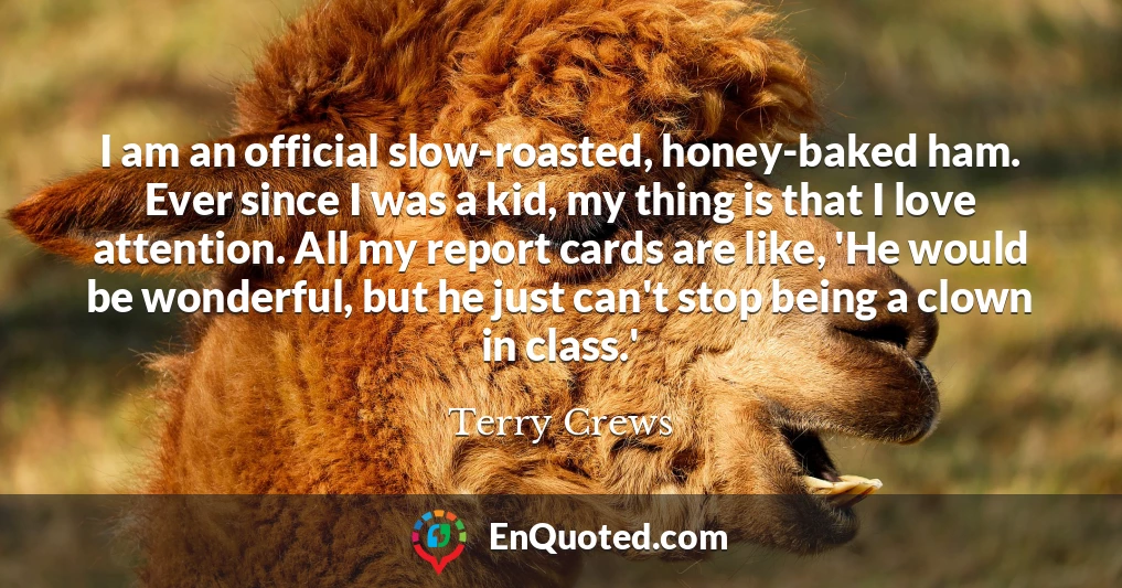I am an official slow-roasted, honey-baked ham. Ever since I was a kid, my thing is that I love attention. All my report cards are like, 'He would be wonderful, but he just can't stop being a clown in class.'