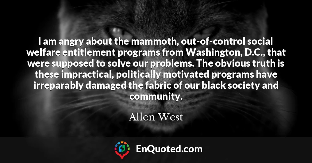 I am angry about the mammoth, out-of-control social welfare entitlement programs from Washington, D.C., that were supposed to solve our problems. The obvious truth is these impractical, politically motivated programs have irreparably damaged the fabric of our black society and community.