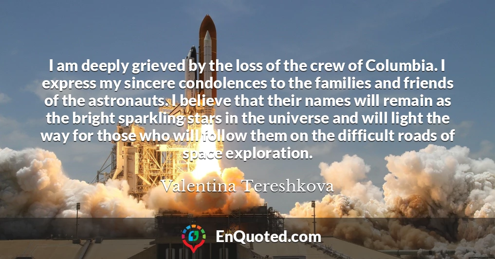 I am deeply grieved by the loss of the crew of Columbia. I express my sincere condolences to the families and friends of the astronauts. I believe that their names will remain as the bright sparkling stars in the universe and will light the way for those who will follow them on the difficult roads of space exploration.