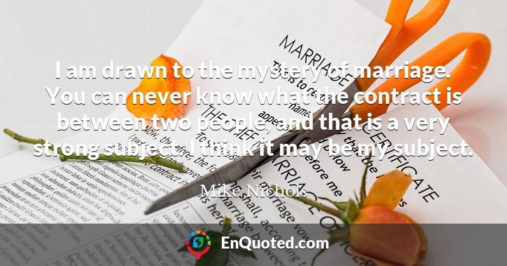 I am drawn to the mystery of marriage. You can never know what the contract is between two people, and that is a very strong subject. I think it may be my subject.