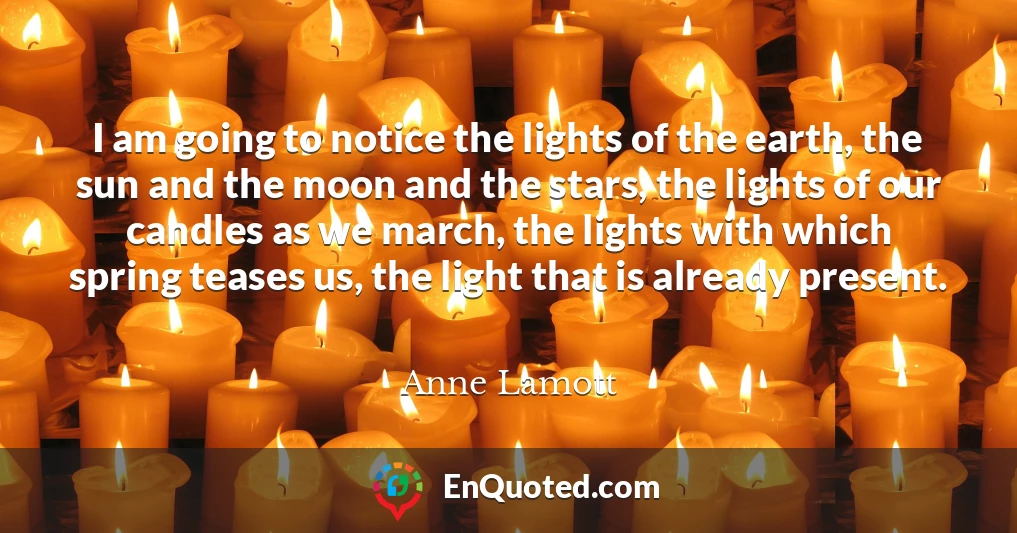 I am going to notice the lights of the earth, the sun and the moon and the stars, the lights of our candles as we march, the lights with which spring teases us, the light that is already present.