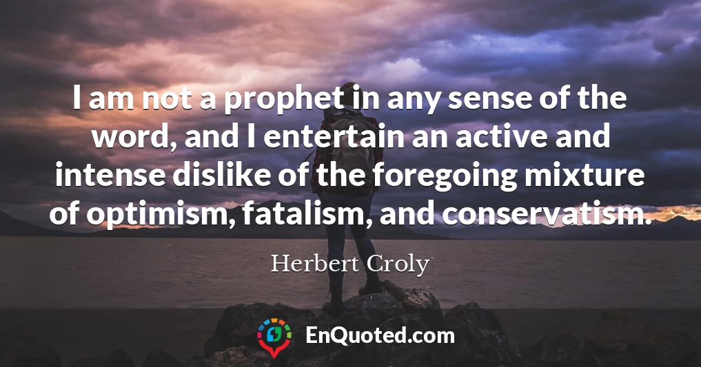 I am not a prophet in any sense of the word, and I entertain an active and intense dislike of the foregoing mixture of optimism, fatalism, and conservatism.