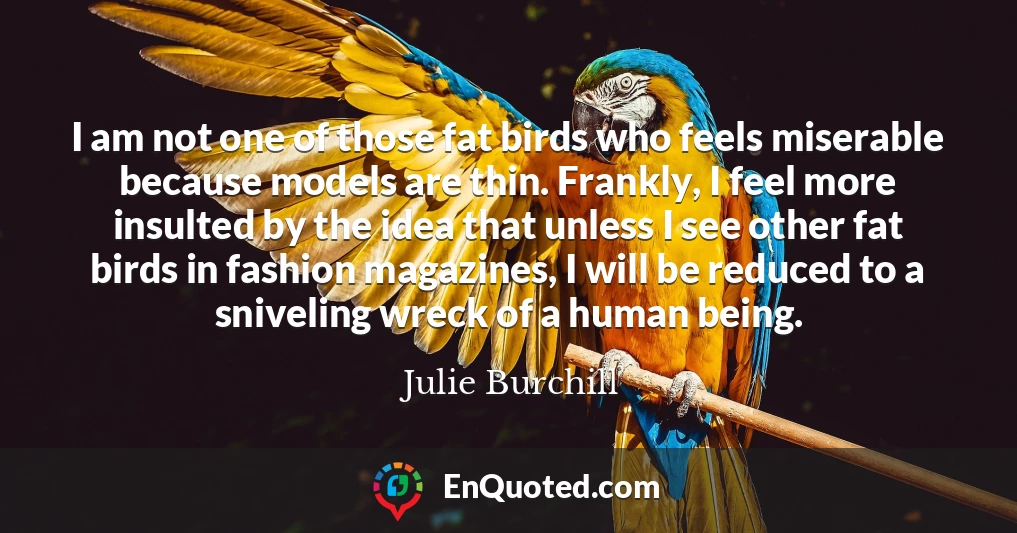I am not one of those fat birds who feels miserable because models are thin. Frankly, I feel more insulted by the idea that unless I see other fat birds in fashion magazines, I will be reduced to a sniveling wreck of a human being.