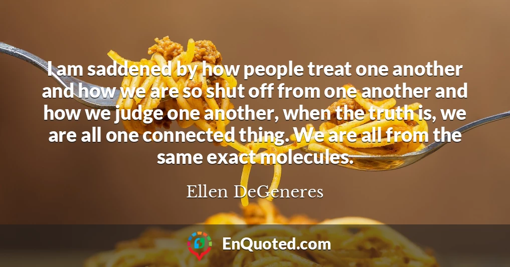 I am saddened by how people treat one another and how we are so shut off from one another and how we judge one another, when the truth is, we are all one connected thing. We are all from the same exact molecules.