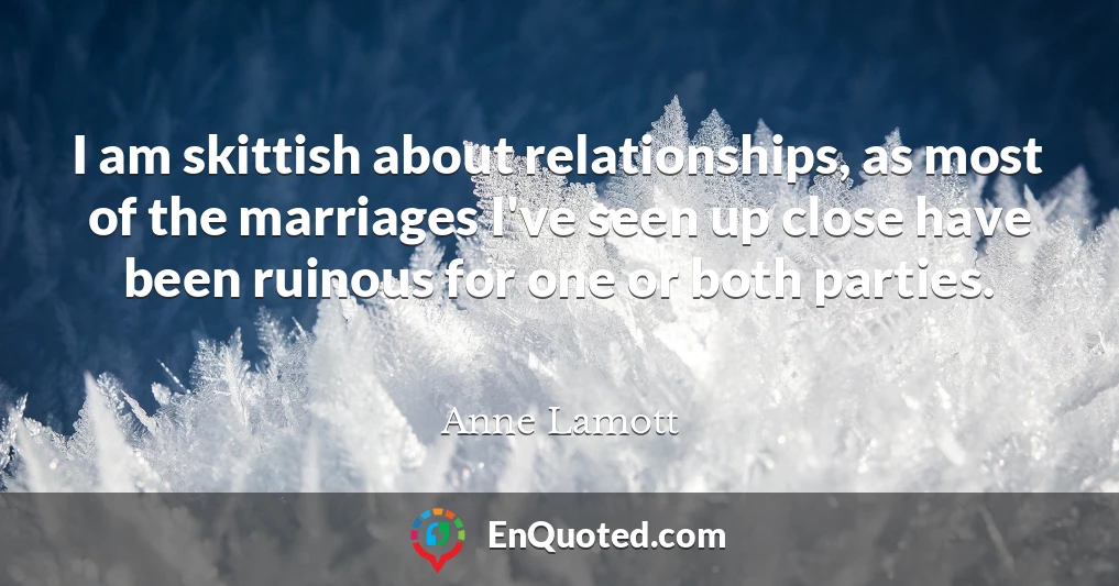 I am skittish about relationships, as most of the marriages I've seen up close have been ruinous for one or both parties.