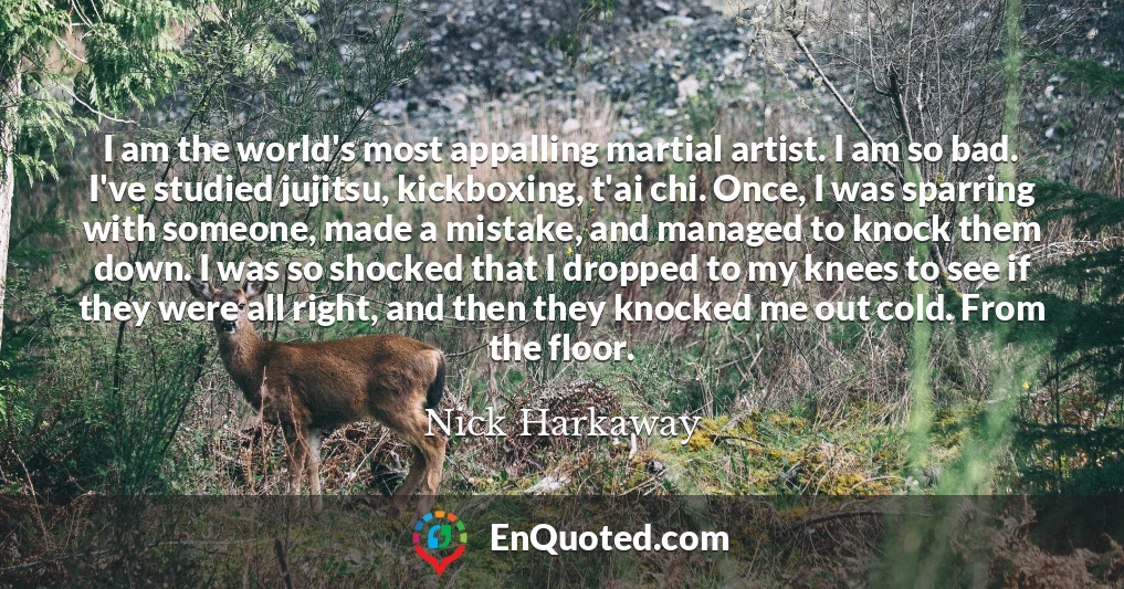 I am the world's most appalling martial artist. I am so bad. I've studied jujitsu, kickboxing, t'ai chi. Once, I was sparring with someone, made a mistake, and managed to knock them down. I was so shocked that I dropped to my knees to see if they were all right, and then they knocked me out cold. From the floor.