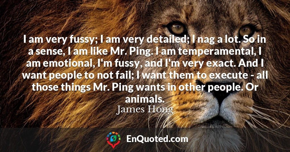 I am very fussy; I am very detailed; I nag a lot. So in a sense, I am like Mr. Ping. I am temperamental, I am emotional, I'm fussy, and I'm very exact. And I want people to not fail; I want them to execute - all those things Mr. Ping wants in other people. Or animals.