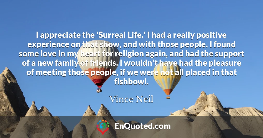 I appreciate the 'Surreal Life.' I had a really positive experience on that show, and with those people. I found some love in my heart for religion again, and had the support of a new family of friends. I wouldn't have had the pleasure of meeting those people, if we were not all placed in that fishbowl.