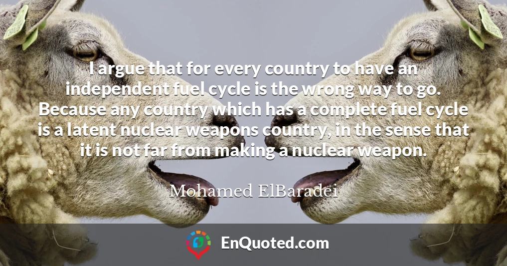 I argue that for every country to have an independent fuel cycle is the wrong way to go. Because any country which has a complete fuel cycle is a latent nuclear weapons country, in the sense that it is not far from making a nuclear weapon.