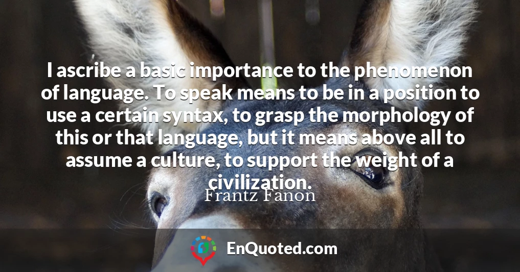 I ascribe a basic importance to the phenomenon of language. To speak means to be in a position to use a certain syntax, to grasp the morphology of this or that language, but it means above all to assume a culture, to support the weight of a civilization.