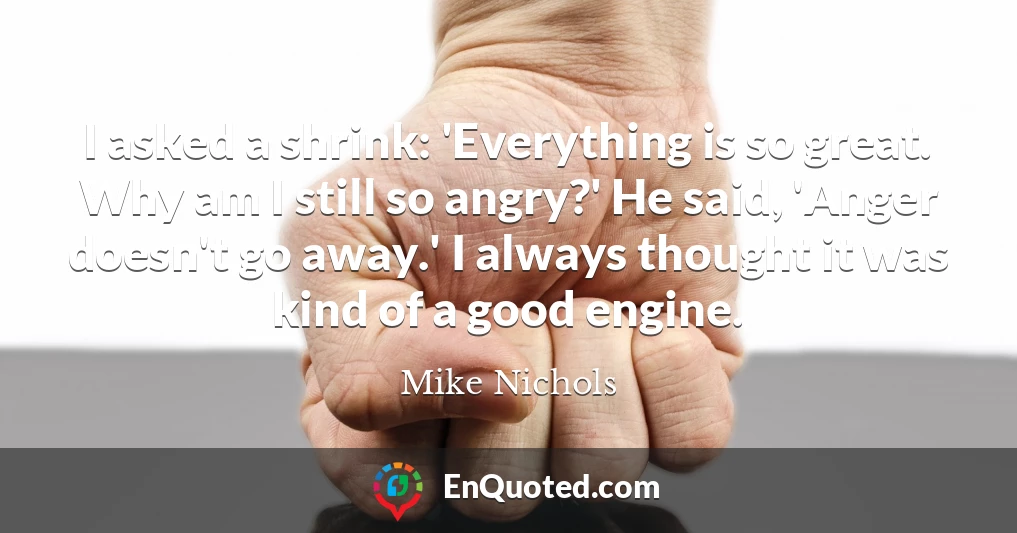 I asked a shrink: 'Everything is so great. Why am I still so angry?' He said, 'Anger doesn't go away.' I always thought it was kind of a good engine.