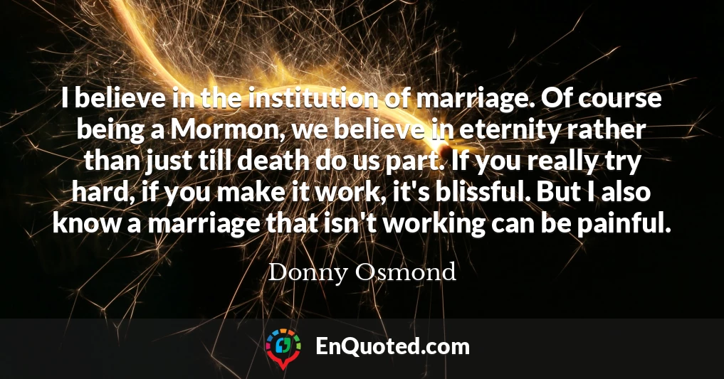 I believe in the institution of marriage. Of course being a Mormon, we believe in eternity rather than just till death do us part. If you really try hard, if you make it work, it's blissful. But I also know a marriage that isn't working can be painful.