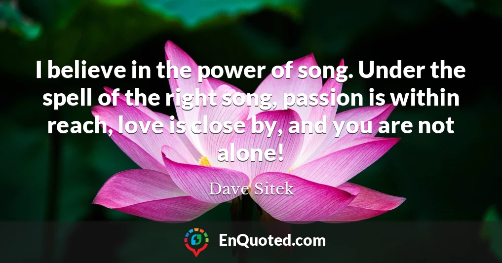 I believe in the power of song. Under the spell of the right song, passion is within reach, love is close by, and you are not alone!