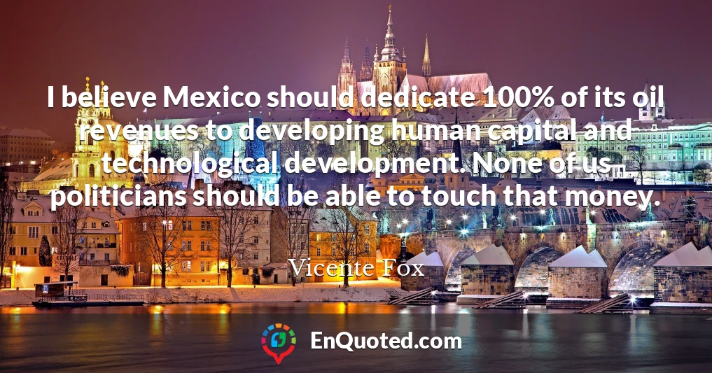 I believe Mexico should dedicate 100% of its oil revenues to developing human capital and technological development. None of us politicians should be able to touch that money.