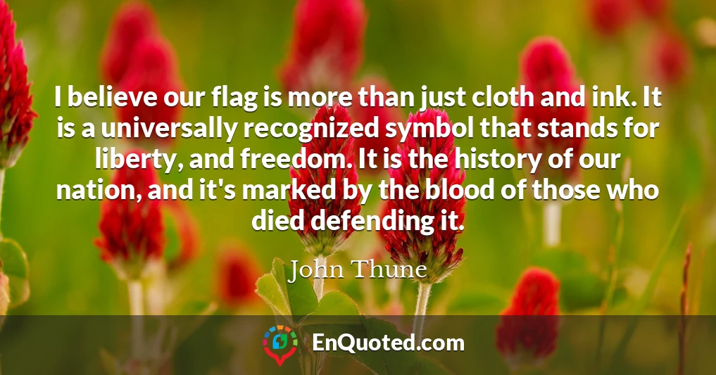 I believe our flag is more than just cloth and ink. It is a universally recognized symbol that stands for liberty, and freedom. It is the history of our nation, and it's marked by the blood of those who died defending it.